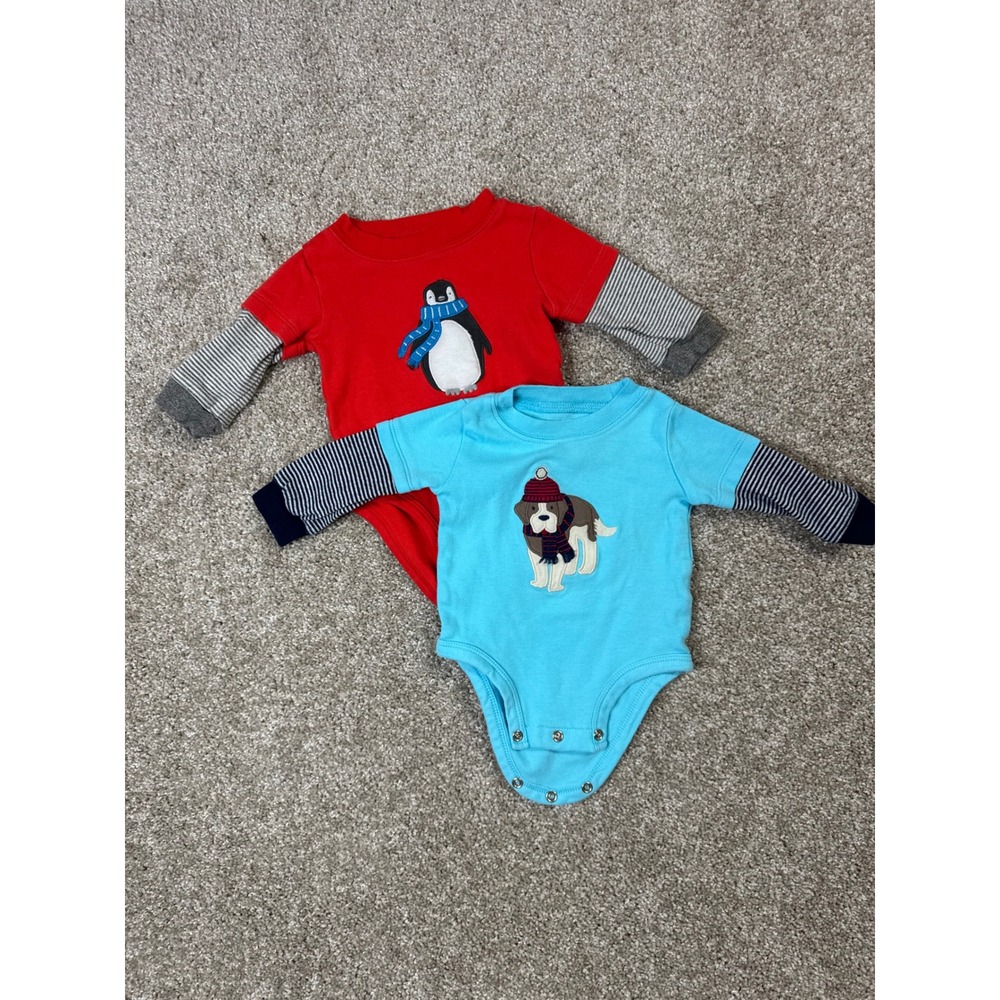 Carters Baby Boys 2 Pack Long Sleeve Bodysuits Penguin Dog Red Blue 3 Months